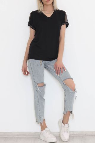 Omuz Tül Detaylı Bluz Siyah - 11690.102.