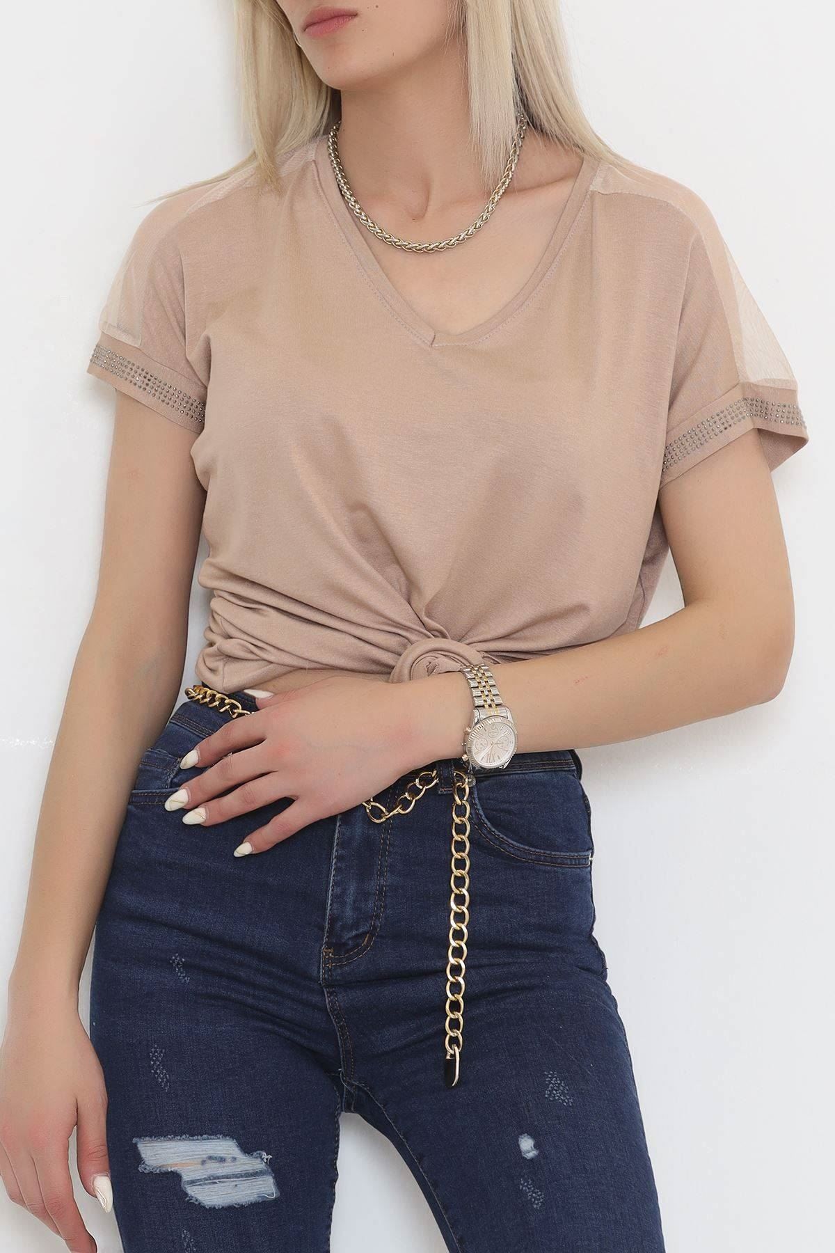 Omuz Tül Detaylı Bluz Vizon - 11690.102.