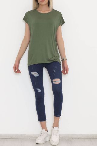 Omuz Taş Detaylı Bluz Haki - 11689.102.