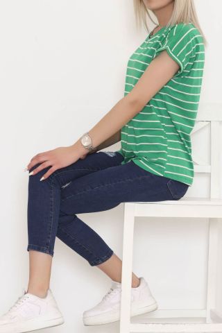 Çizgili V Yaka Bluz Yeşil - 11728.1567.