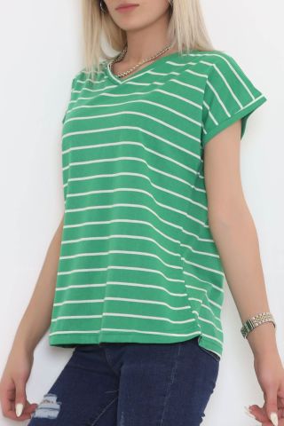 Çizgili V Yaka Bluz Yeşil - 11728.1567.