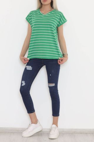 Çizgili V Yaka Bluz Yeşil - 11728.1567.