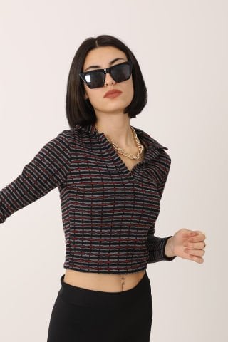 V Yaka Desenli Siyah Bluz- LKS166