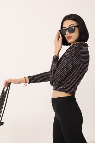 V Yaka Desenli Siyah Bluz- LKS166