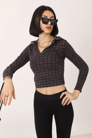 V Yaka Desenli Siyah Bluz- LKS166