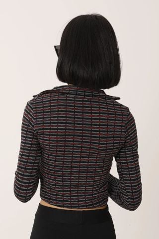 V Yaka Desenli Siyah Bluz- LKS166