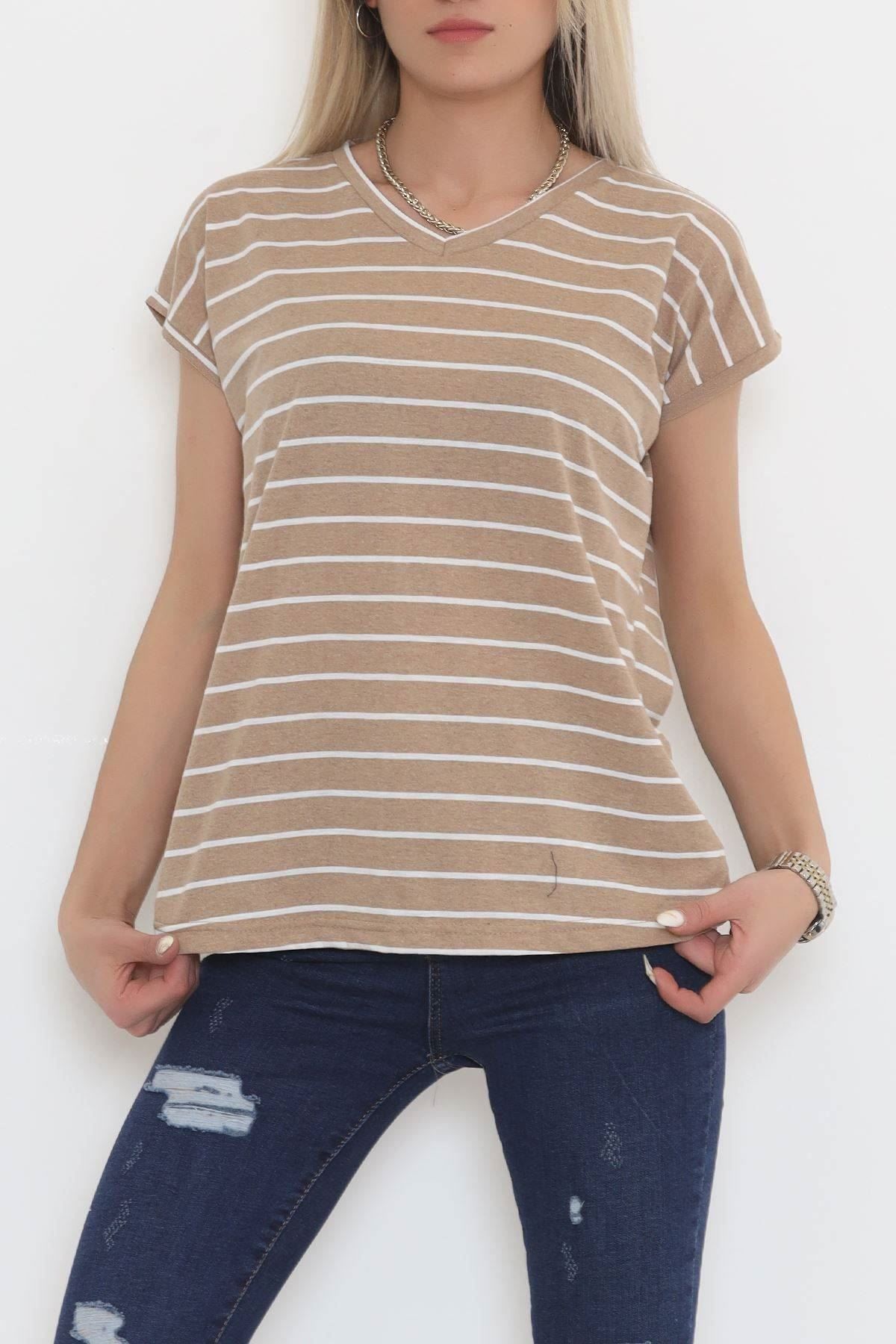 Çizgili V Yaka Bluz Vizon - 11728.1567.
