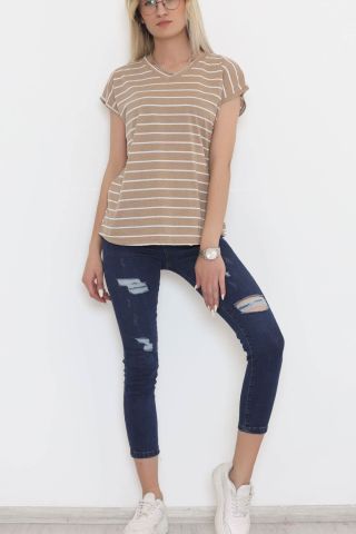 Çizgili V Yaka Bluz Vizon - 11728.1567.