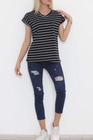 Çizgili V Yaka Bluz Siyahbeyaz - 11728.1567.