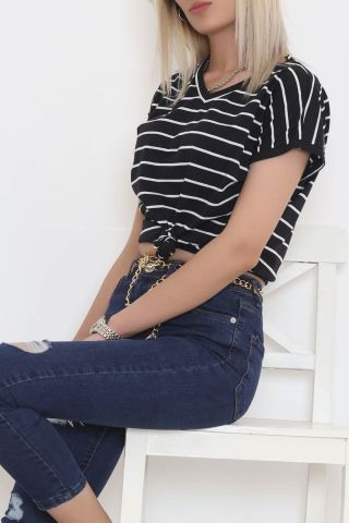 Çizgili V Yaka Bluz Siyahbeyaz - 11728.1567.