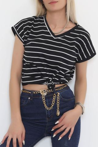 Çizgili V Yaka Bluz Siyahbeyaz - 11728.1567.