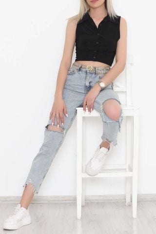 Polo Yaka Düğmeli Bluz Siyah - 3268.1595.