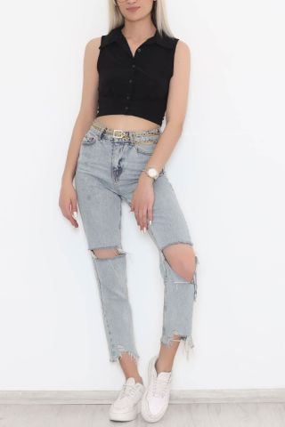 Polo Yaka Düğmeli Bluz Siyah - 3268.1595.