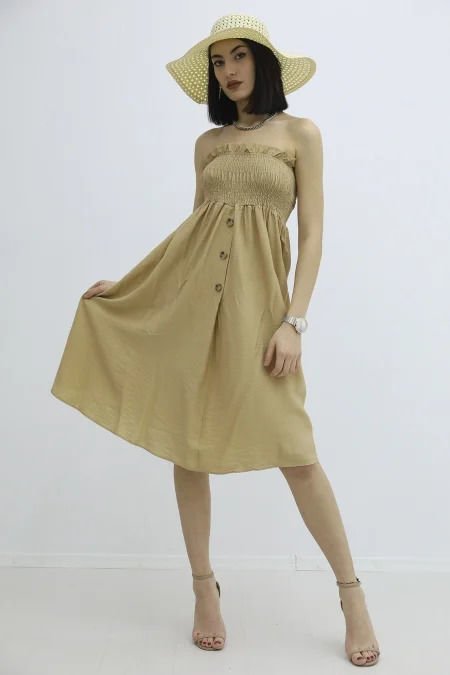 Lastikli Sahte Düğmeli Elbise Vizon - P-020001