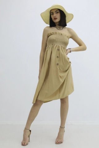 Lastikli Sahte Düğmeli Elbise Vizon - P-020001