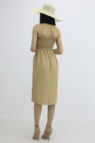 Lastikli Sahte Düğmeli Elbise Vizon - P-020001