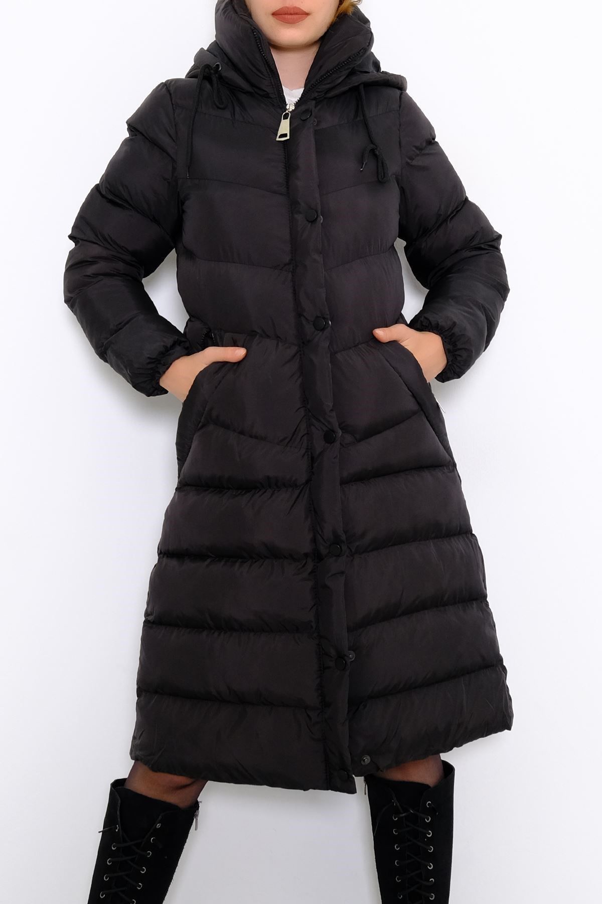 Uzun Şişme Mont Siyah - 1781.1555.