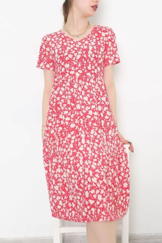 Büzgülü Kaşkorse Elbise Pembeçiçekli - 1709.1095.