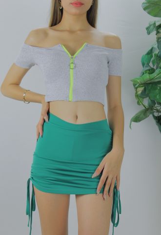 Fermuarlı Fitilli Bluz Gri - 97427.11