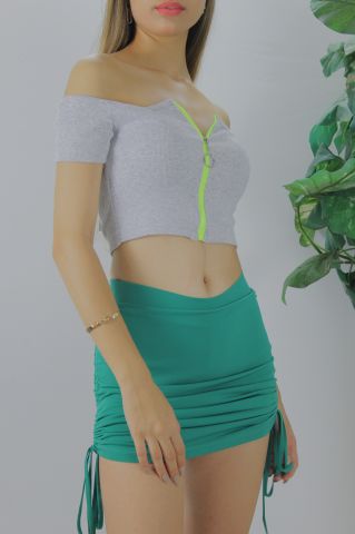 Fermuarlı Fitilli Bluz Gri - 97427.11