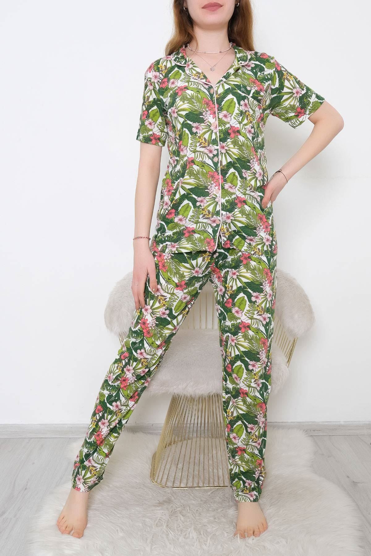 Düğmeli Pijama Takımı Desenliyeşil - 10873.1048.