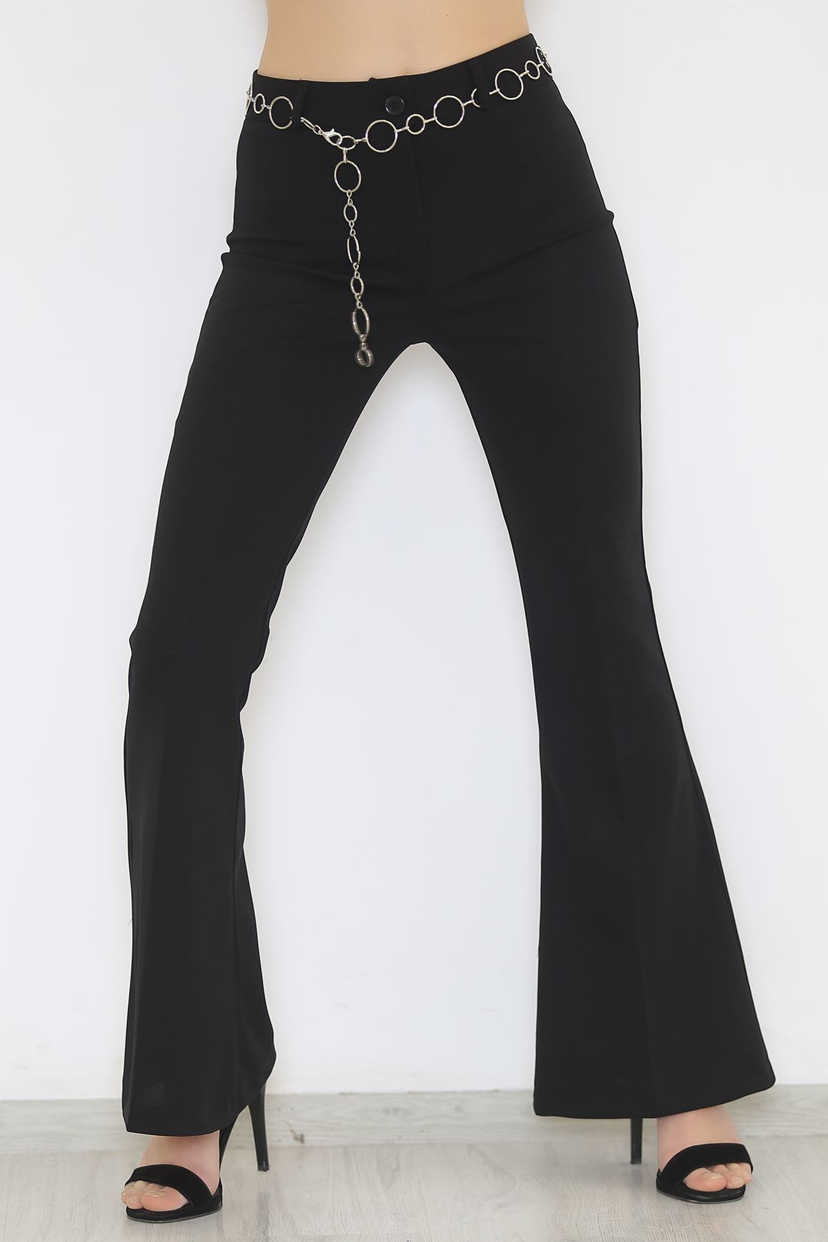 Kemerli İspanyol Paça Pantolon Siyah - 24193.5176.