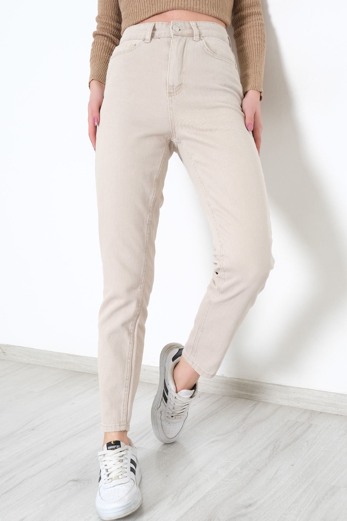 Contalı Mom Jeans Bej - 2411.392.