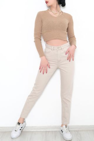 Contalı Mom Jeans Bej - 2411.392.