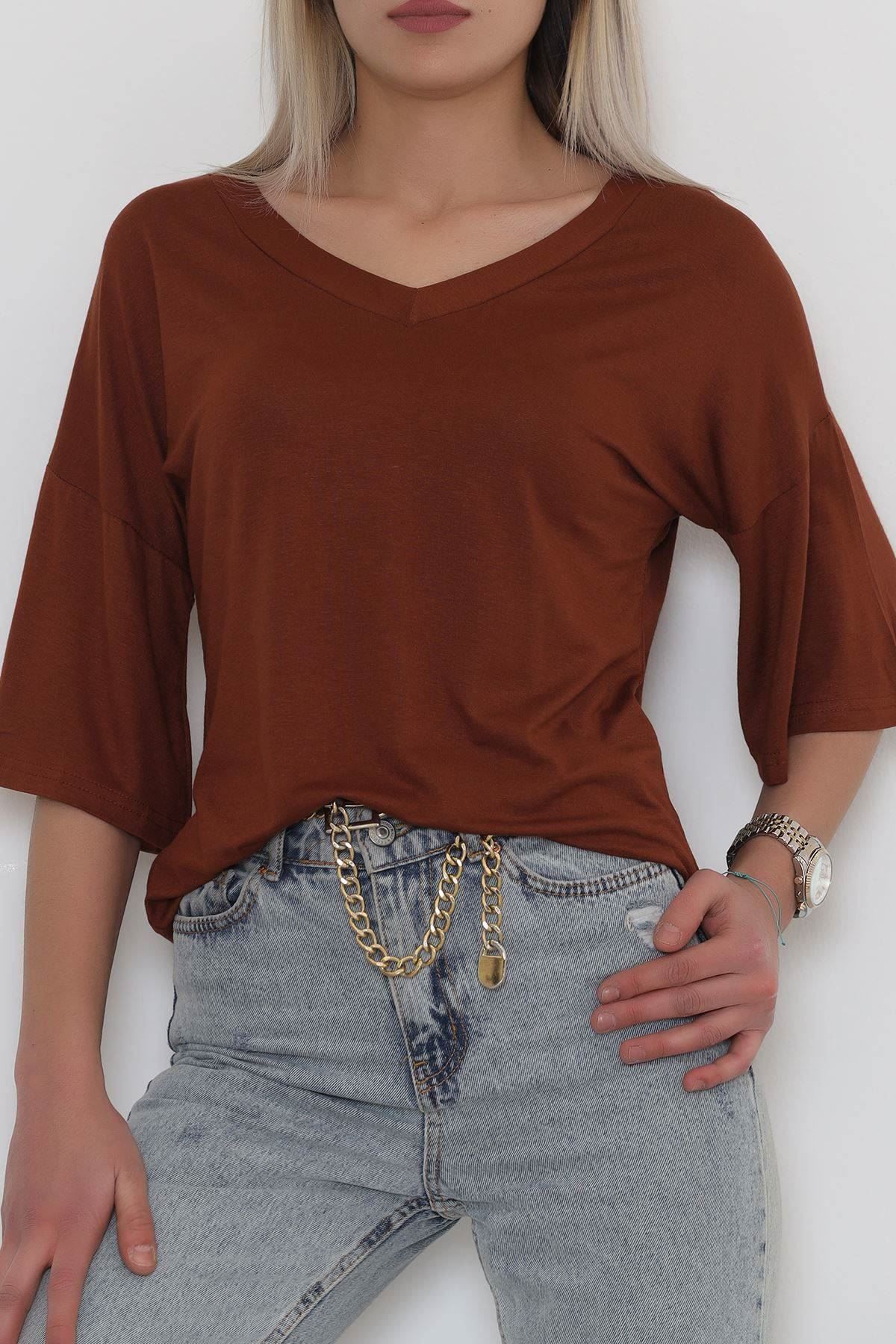 V Yaka Tişört Kahve1 - 10664.1095.