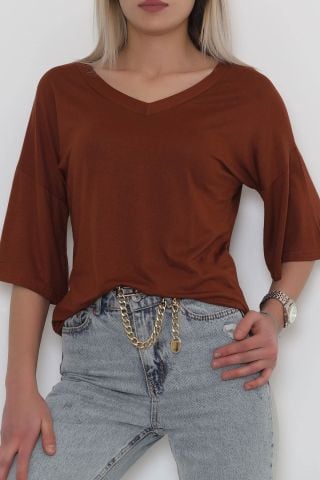 V Yaka Tişört Kahve1 - 10664.1095.