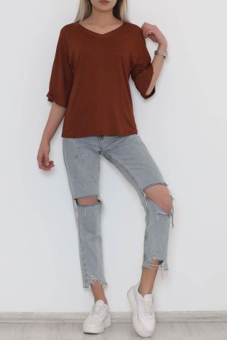 V Yaka Tişört Kahve1 - 10664.1095.