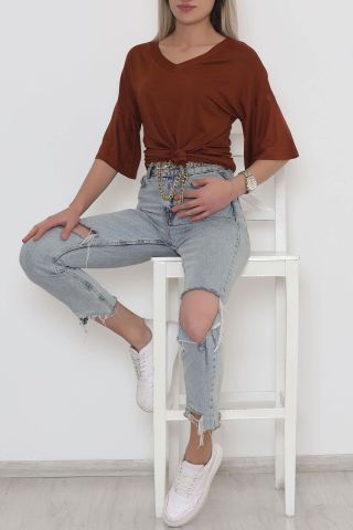 V Yaka Tişört Kahve1 - 10664.1095.