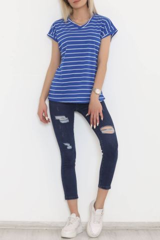 Çizgili V Yaka Bluz Saks - 11728.1567.