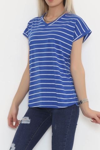 Çizgili V Yaka Bluz Saks - 11728.1567.