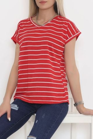 Çizgili V Yaka Bluz Kırmızı - 11728.1567.