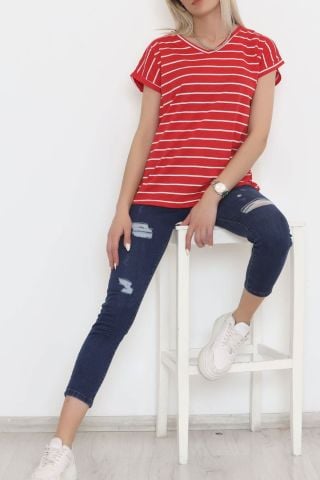 Çizgili V Yaka Bluz Kırmızı - 11728.1567.