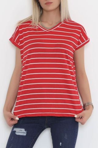 Çizgili V Yaka Bluz Kırmızı - 11728.1567.