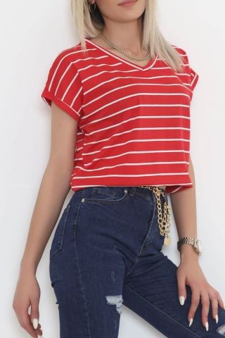 Çizgili V Yaka Bluz Kırmızı - 11728.1567.