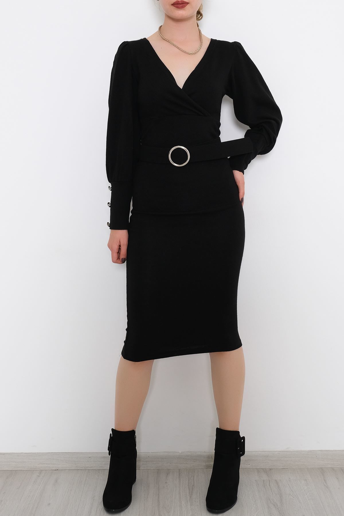 Kemerli Kruvaze Elbise Siyah - 1110.1328.