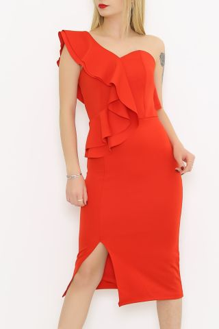 Tek Omuz Fırfırlı Elbise Kırmızı - 58716.1592.