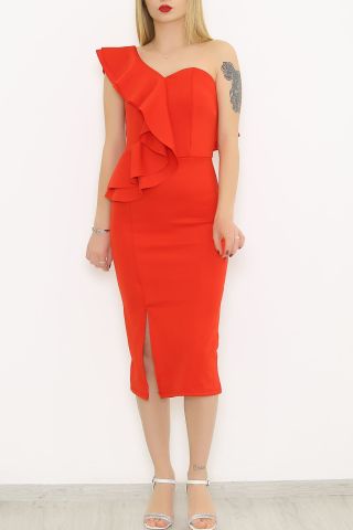 Tek Omuz Fırfırlı Elbise Kırmızı - 58716.1592.