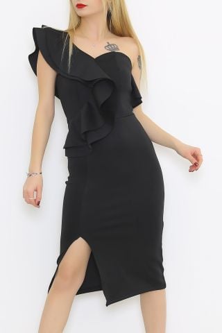 Tek Omuz Fırfırlı Elbise Siyah - 58716.1592.