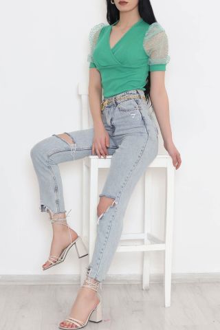 Kolları Tüllü Kruvaze Bluz Koyuyeşil - 10499.1187.