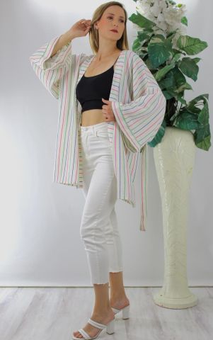 Çizgi Detaylı Kimono Ekru - 1289.100