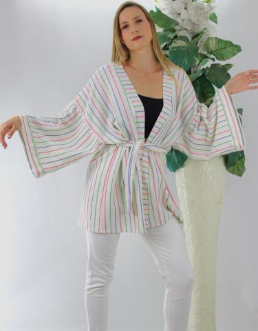 Çizgi Detaylı Kimono Ekru - 1289.100