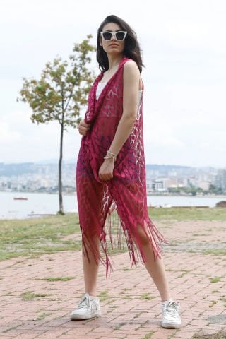 Saçaklı Yelek Mürdüm - P-017387