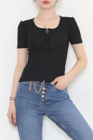 Fermuarlı Prenses Kol Bluz Siyah - 11059.1567.