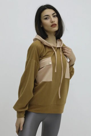 Kapşonlu Çift Cepli Sweat Taba - P-019798