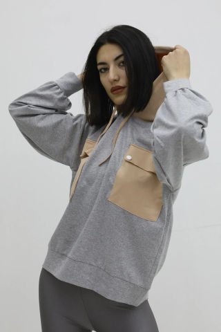 Kapşonlu Çift Cepli Sweat Gri - P-019798