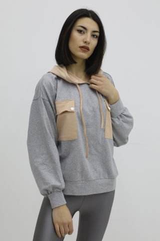 Kapşonlu Çift Cepli Sweat Gri - P-019798